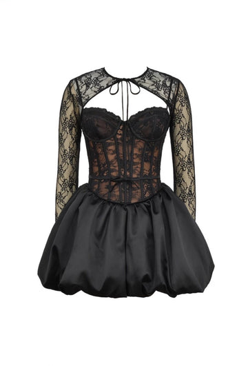 Autumn And Winter Series Lead Lace Long-Sleeved Black Lace Shoulder-Puff Mini Dress Beauty